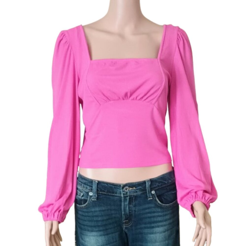 Women's Pink Tie Back Top M Long Lantern Sleeve Square Neck Shirred Cropped